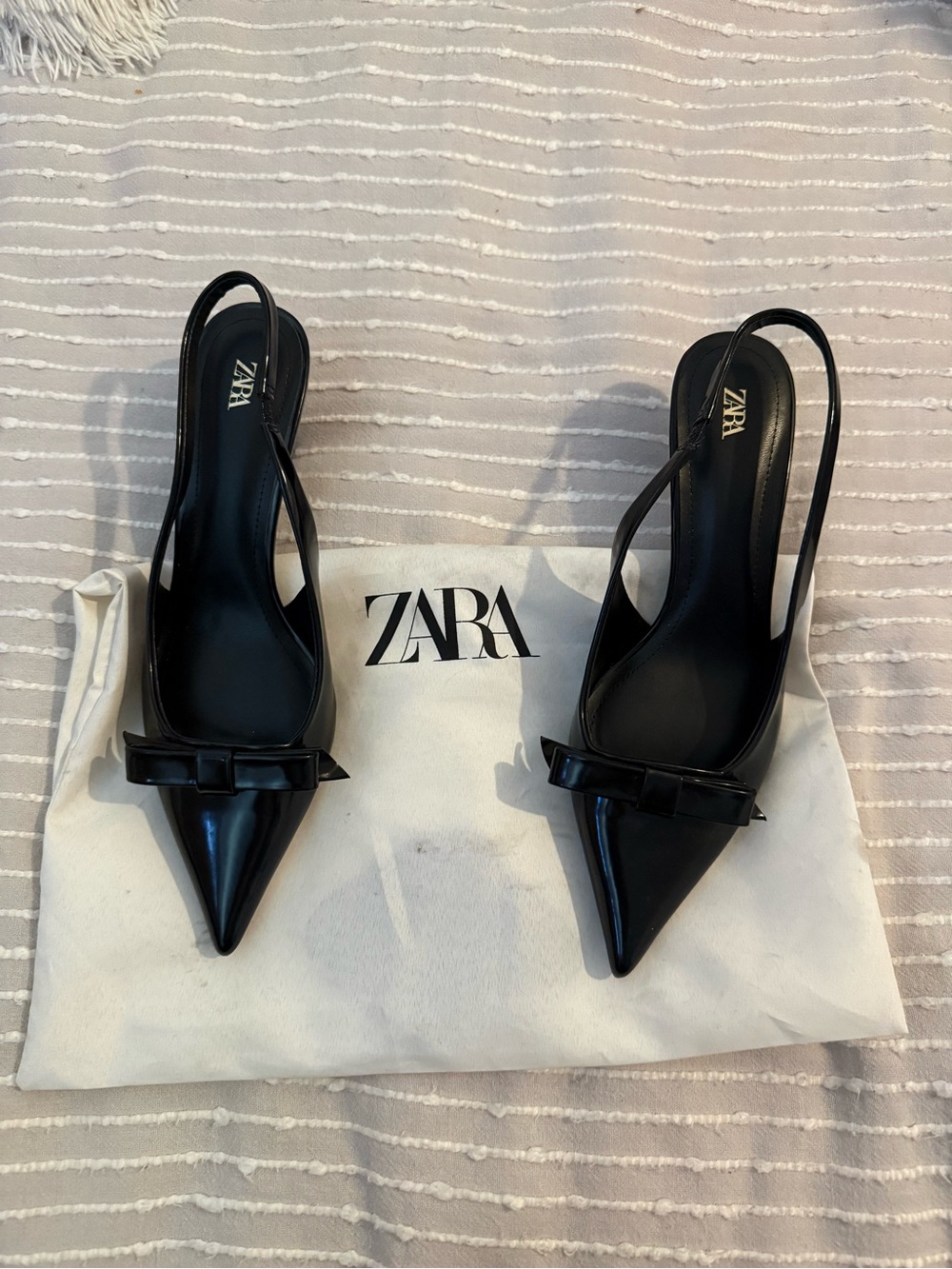 ZARA Black Pointed Slingback Pumps with Decorative Bow
